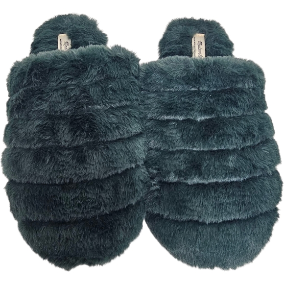NWT Madewell Plush Cozy Faux Fur Slippers - Forest Green Size 10 - Picture 2 of 7